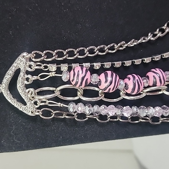 Multi Media Silver Chain Necklace with Pink Flower and Earrings Set New - Picture 5 of 8
